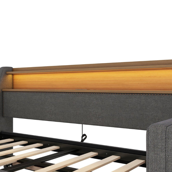 English Elm Twin Size Daybed And Trundle Set With Charging Station, Led Lights, Gray Upholstered Design, Modern Look W1580S00044-GIGA