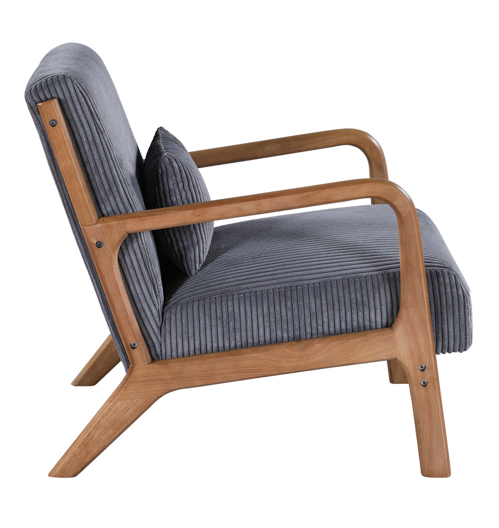English Elm Wooden Lounge Chair with Scandinavian Solid Wood Frame, Plush Ribbed Corduroy Upholstery & Lumbar Support Gray B343P328598