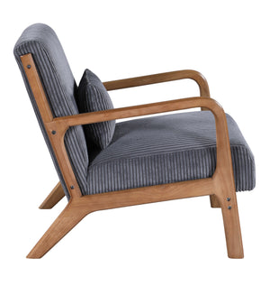 English Elm Wooden Lounge Chair with Scandinavian Solid Wood Frame, Plush Ribbed Corduroy Upholstery & Lumbar Support Gray B343P328598