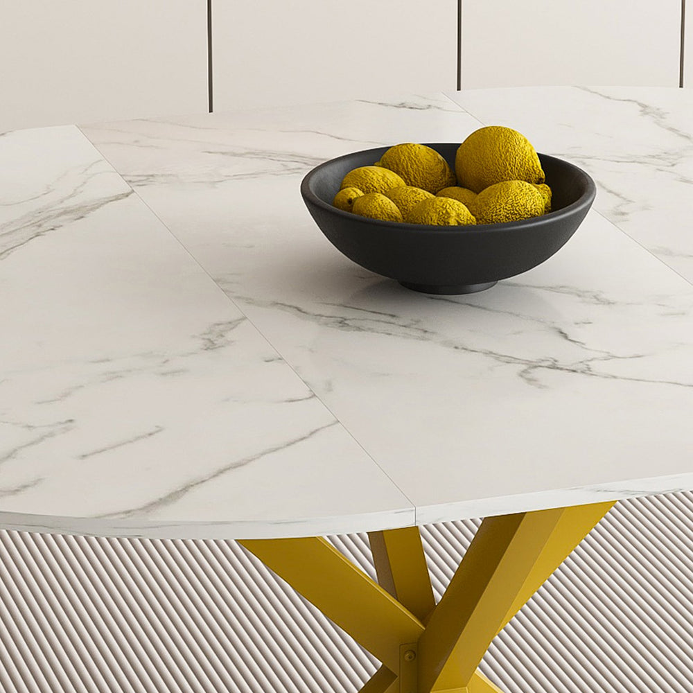 English Elm Modern Round Extendable Dining Table with Marble Vein Top, Carbon Steel X-Base, Seats 4-6, White W2700P331234