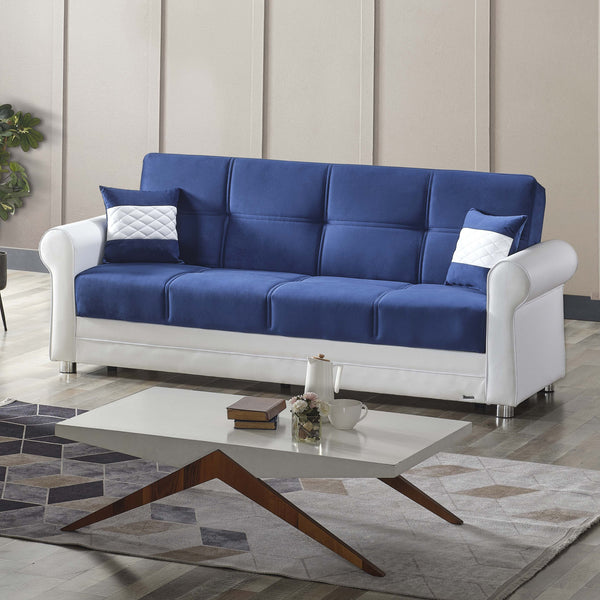 English Elm PrimeNest Ithara Collection Upholstered Convertible Sofabed with Storage, Click-Click Sleeper & Plush PU Padding Blue,White B030P286486