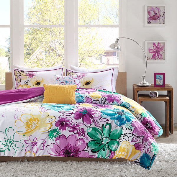 JLA Home Intelligent Design - Floral Olivia Comforter Set with Asymmetrical Bold Blooms, Fuchsia Reverse, Antimicrobial Freshness 104 L x 90 W x 1H ID10-239