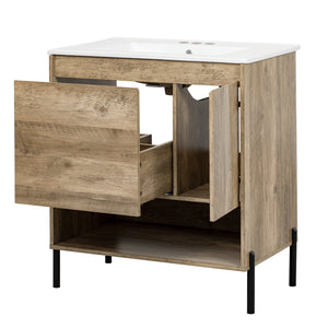English Elm 30" Modern Wood Bathroom Vanity with Ceramic Sink, Soft-Close Door, Drawer Dividers & Open Shelf N710P247136P