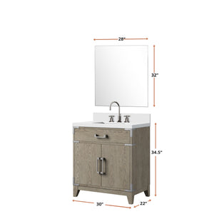 English Elm Grey Oak Single Bath Vanity with White Quartz Top, 30" W, Mirror & Chrome Faucet Set, Durable Finish B2731S02006