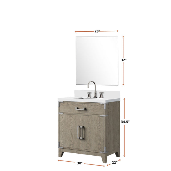 English Elm Grey Oak Single Bath Vanity with White Quartz Top, 30" W, Mirror & Chrome Faucet Set, Durable Finish B2731S02006