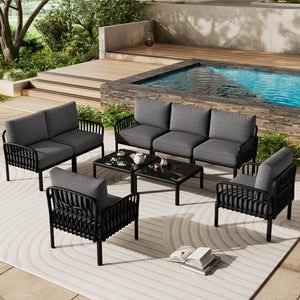 English Elm Christopher Knight Home® - 9 Modern 9-Piece Patio Conversation Set with Deep-Seating Waterproof Cushions and Glass Tabletop Black+ Gray N780P1994544499B