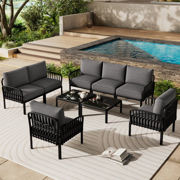 English Elm Christopher Knight Home® - 9 Modern 9-Piece Patio Conversation Set with Deep-Seating Waterproof Cushions and Glass Tabletop Black+ Gray N780P1994544499B