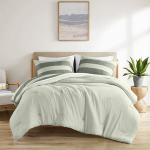 JLA Home Regency Heights - Stripe Textured Seersucker Comforter Set with Reversible Stripe & Botanical Prints, Oeko-Tex Certified Sage RH10-0015