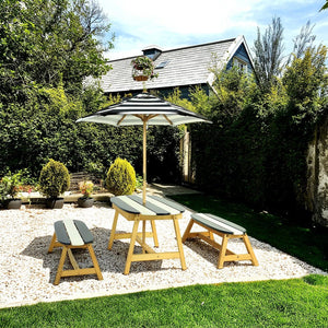 English Elm Naturally Kids Picnic Table with Umbrella - Blue/White Stripe Poplar Wood Set, Indoor Outdoor Fun W495P316196