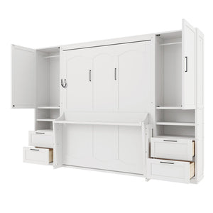 English Elm Queen Murphy Fold Down Wall Bed with Wardrobe Drawers and Shelves for Guest Rooms White LP000909AAK-2