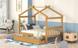 English Elm Twin House Bed Solid Pine Kids Cottage Frame with Storage Drawers Imaginative Room N708P309245M