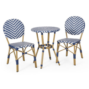 English Elm Christopher Knight Home® - Outdoor Aluminum 3-Piece French Bistro Set Navy Blue & White with Bamboo Finish, Rust-Resist Patio Chic 71423.00NBLU
