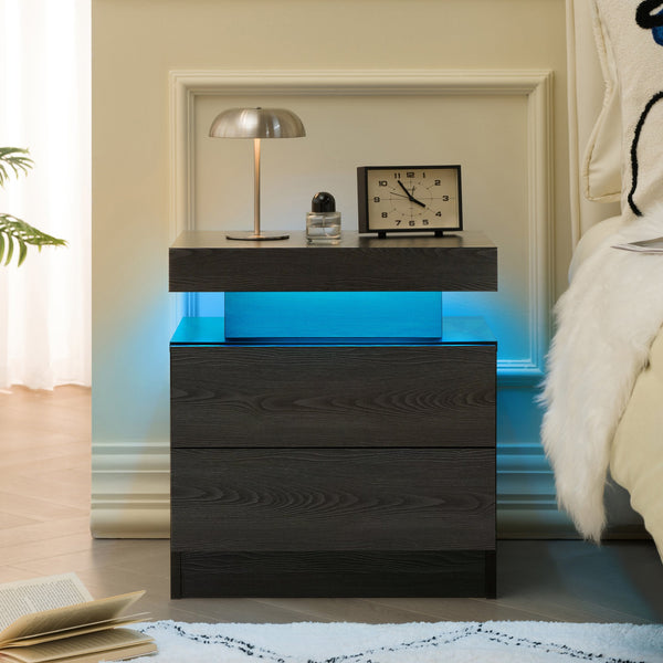 English Elm Nightstand with Multi-Color Adjustable LED Lights and Two Drawers for Bedroom or Living Room Use Black Woodgrain 22.83 L x 16.93 W x 7.68 H W2178P287898