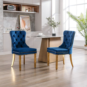 English Elm Hengming Tufted Wingback Velvet Dining Chairs Nailhead Trim Formal Set of 2 Dark Blue W212P465072