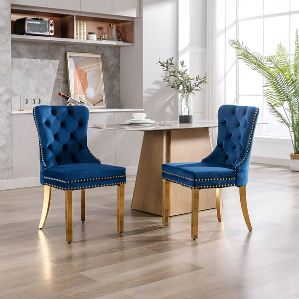 English Elm Hengming Tufted Wingback Velvet Dining Chairs Nailhead Trim Formal Set of 2 Dark Blue W212P465072