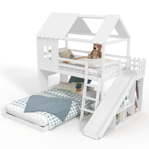 English Elm Twin Over Full Playhouse Bunk Bed with Slide Ladder Storage Shelves and Wardrobe Light White W5305S00039
