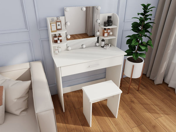 English Elm One drawer dresser table Ancient White Vanity with Stool, Adjustable Mirror, Compact Elegant Makeup Station W2139P306364