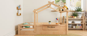 English Elm Twin Low Loft Bed Solid Pine Frame with Built-in Led Lighting and Storage Shelves Natural W1580P396333