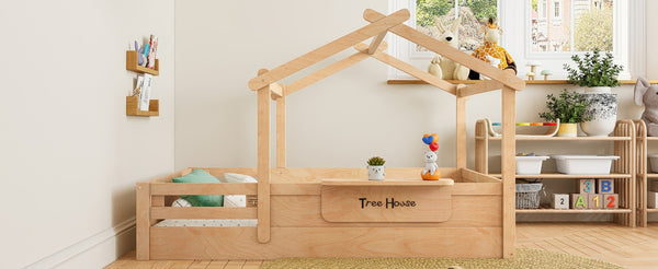English Elm Twin Low Loft Bed Solid Pine Frame with Built-in Led Lighting and Storage Shelves Natural W1580P396333