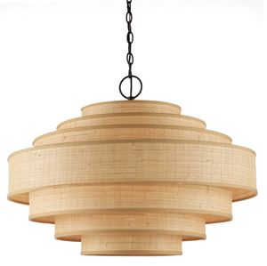Maura Natural Chandelier - Elegant Mid-Century Modern Pendant with Grasscloth Shades & Black Frame