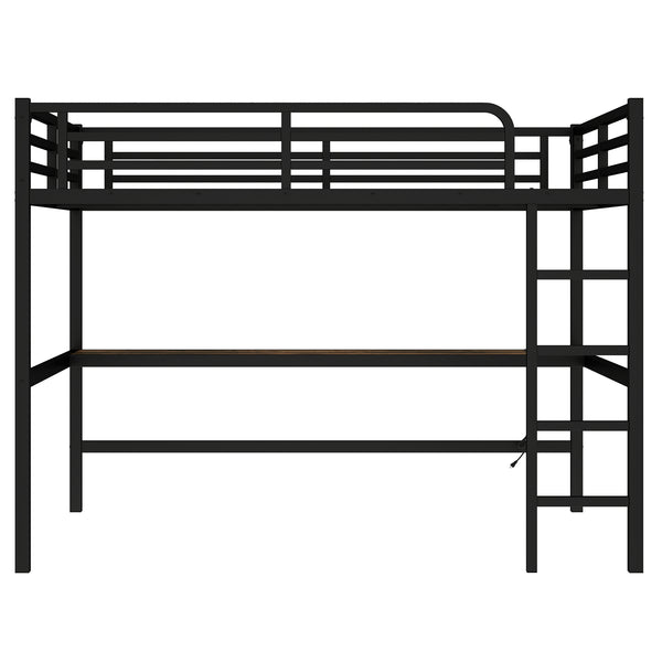 English Elm Metal Queen Loft Bed With Integrated Desk, Power Outlet & Led Lights - Space-Saving Black Design W1580S00107