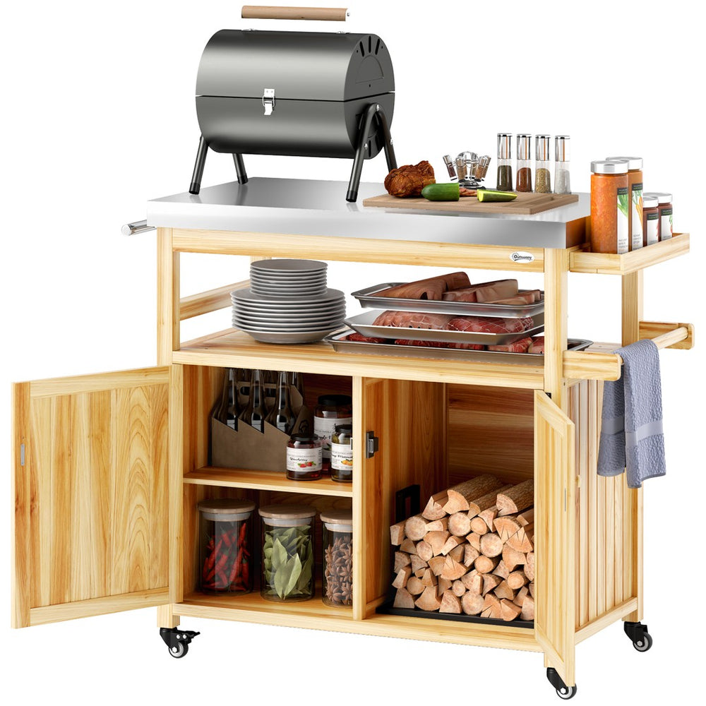 English Elm Outsunny Outdoor Kitchen Cart Solid Wood Steel Top Cabinets Spice Rack on Wheels W2225P485588