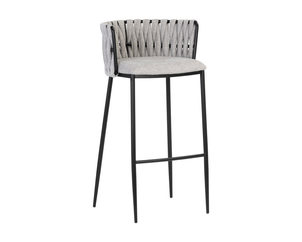 Sunpan Sarai Contemporary Barstool with Unique Weaved Backrest and Black Powder-Coated Steel Frame Belfast Heather Grey