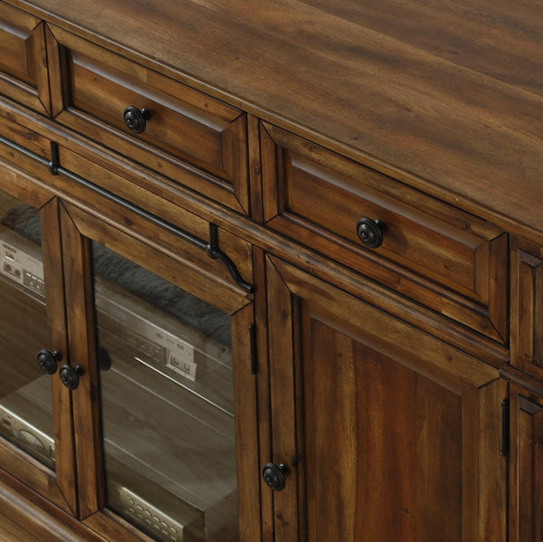English Elm Barclay Acacia Wood Media Console Fully Assembled Rustic Storage with Glass Doors B108P481224