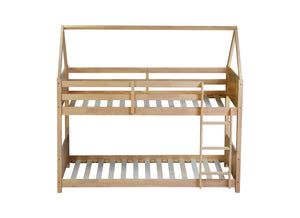 English Elm Twin House Floor Bunk Bed With Guardrails & Ladder - Solid Rubberwood, White Oak Finish, Ideal For Kids W504P227942-GIGA