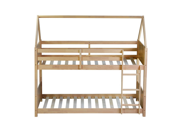 English Elm Twin House Floor Bunk Bed With Guardrails & Ladder - Solid Rubberwood, White Oak Finish, Ideal For Kids W504P227942-GIGA