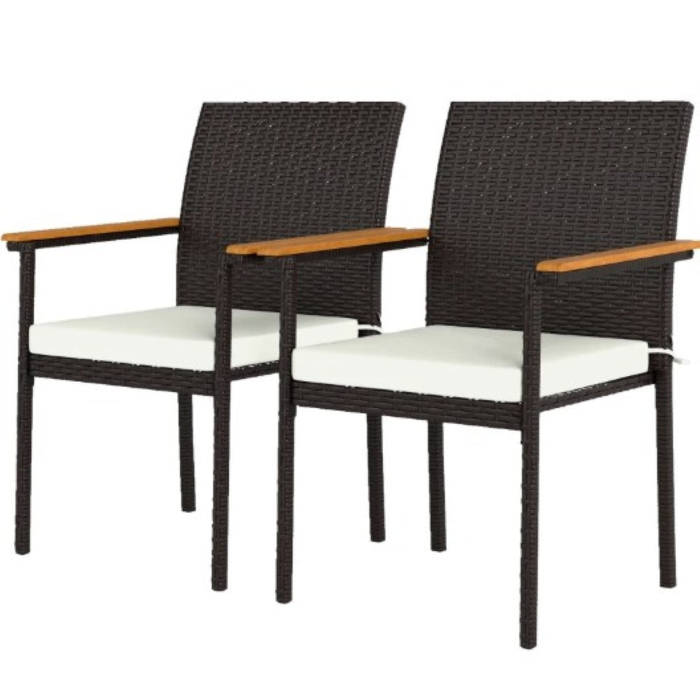 English Elm Set of 2 Stackable Pe Rattan Outdoor Dining Chairs with Acacia Armrests and Cushions T3971P430542
