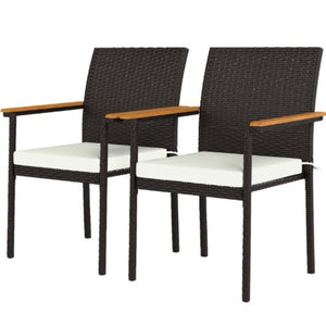 English Elm Set of 2 Stackable Pe Rattan Outdoor Dining Chairs with Acacia Armrests and Cushions T3971P430542
