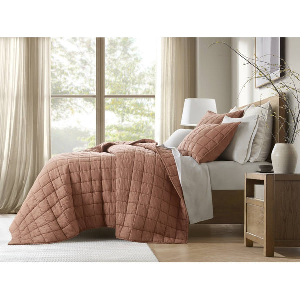 English Elm 3-piece French Linen Quilt Set King Garment Washed Box Stitch Breathable Bedding Brick Red B035P408304