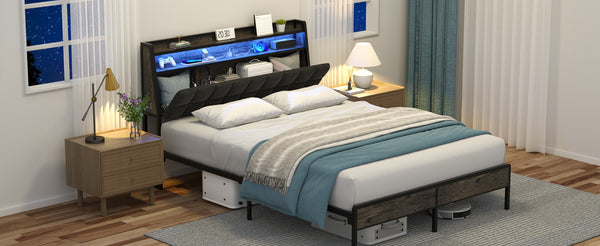 English Elm Full Bed Frame with Rgb Led Lighting Built-in Charging Shelved Headboard B2716P332041