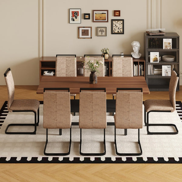 English Elm Table Walnut Grain Dining Set With 8 Stylish Brown Technology Fabric Chairs And Storage Shelf W1151S04281-GIGA