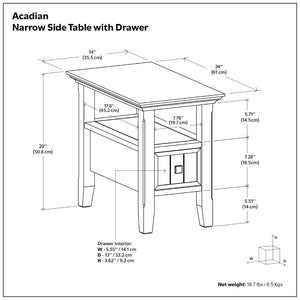 English Elm Acadian Solid Pine Narrow End Table with Drawer and Shelf for Small Spaces B136P419896
