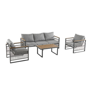 English Elm Christopher Knight Home® - 4-Pieces Outdoor Metal Patio Furniture Set with Deep-Seat Cushions, Teslin Rope, Wood-Look Tabletop, Rust-Resistant Frame Natural+Grey N780P2540723G