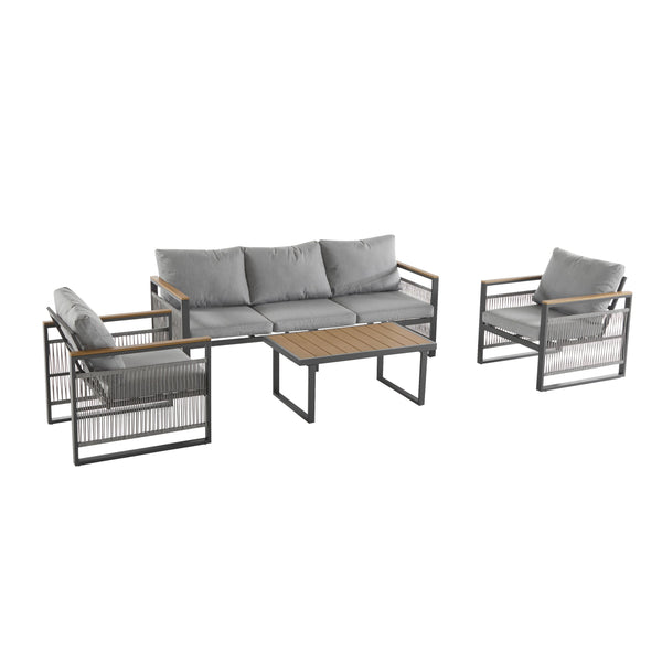 English Elm Christopher Knight Home® - 4-Pieces Outdoor Metal Patio Furniture Set with Deep-Seat Cushions, Teslin Rope, Wood-Look Tabletop, Rust-Resistant Frame Natural+Grey N780P2540723G