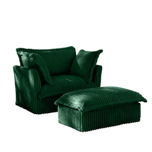 English Elm Upholstered Slipcovered Armchair Set With Wide Ottoman, Deep Cushions In Green Corduroy Fabric W3041S00077-GIGA