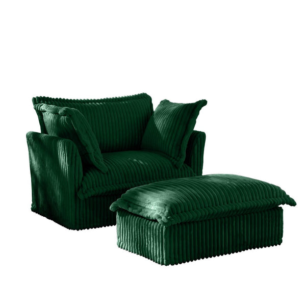 English Elm Upholstered Slipcovered Armchair Set With Wide Ottoman, Deep Cushions In Green Corduroy Fabric W3041S00077-GIGA
