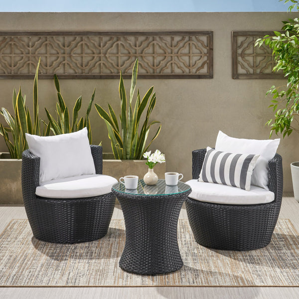 English Elm Christopher Knight Home® - KONO Woven Outdoor 3-Piece Patio Chat Set with Aluminum Frame, Tempered Glass Table, Cushions Black+Ivory 53142.00ALU