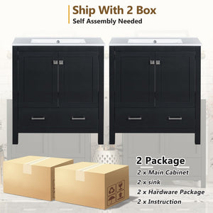 English Elm Modern 48 Inch Freestanding Bathroom Vanity Dual Ceramic Sinks Soft Close Gold Handles Black N729P000001B