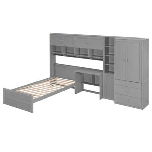English Elm Wooden Twin Loft Bed with Built-in Desk Wardrobe Storage Drawers and Led Lighting N820S00069E