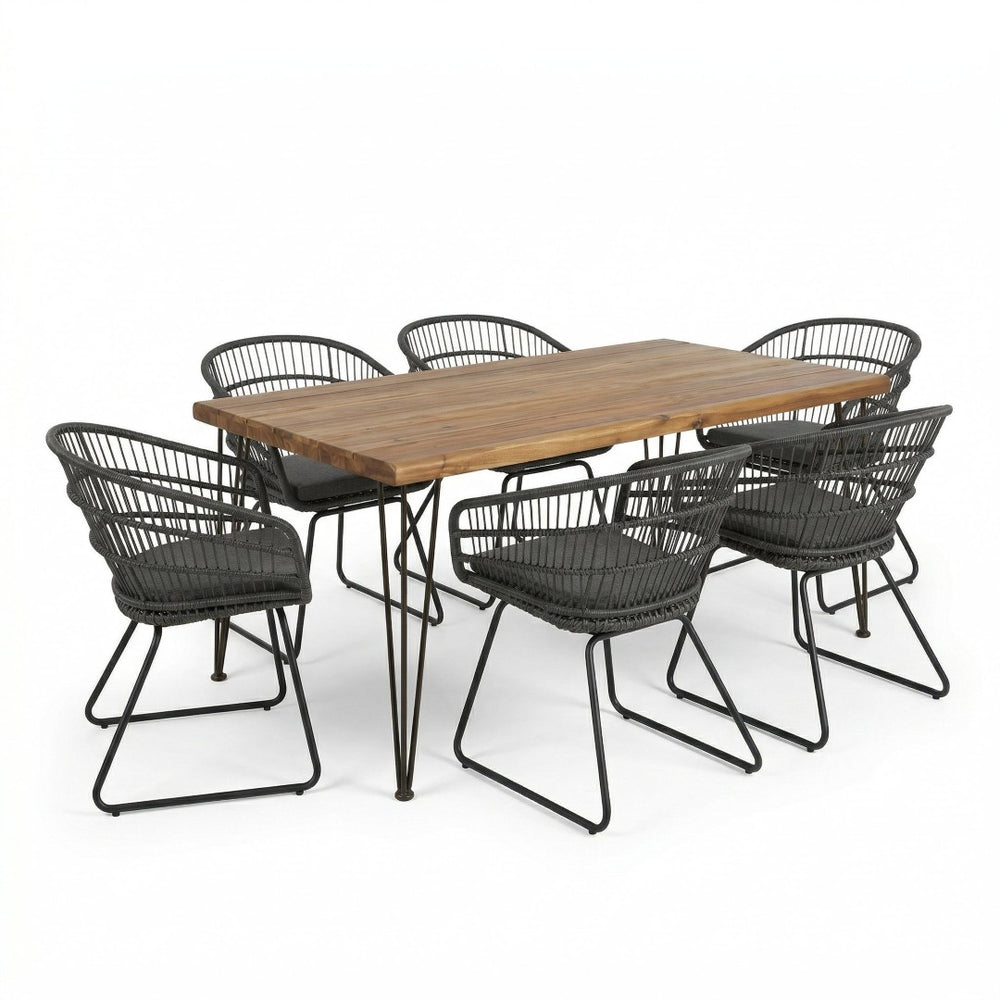 English Elm 7 Piece Outdoor Dining Set Acacia Wood Table with Rattan Tub Chairs Seats Six N762S000018AAE