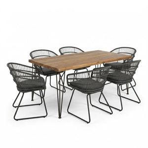 English Elm 7 Piece Outdoor Dining Set Acacia Wood Table with Rattan Tub Chairs Seats Six N762S000018AAE