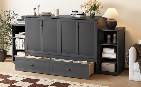 English Elm Queen Vintage Dark Gray Murphy Bed With Storage Drawers & Shelves - Perfect For Compact Spaces! W1580S00257-GIGA