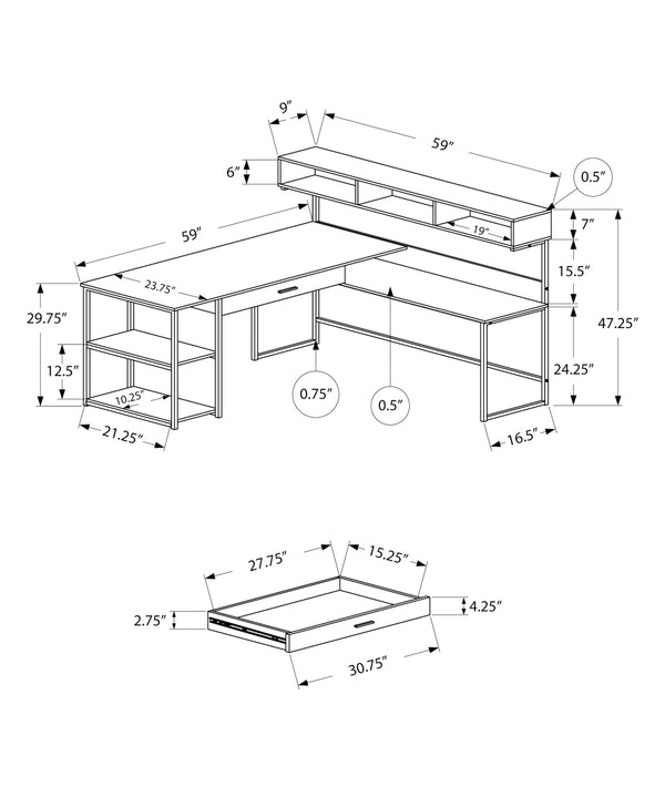 English Elm Computer L-Shape Desk with Hutch and Drawer, Corner Space-Saving Design, Dark Wood Finish, Black Metal Base White 62 L x 27 W x 6 H B2710P219630