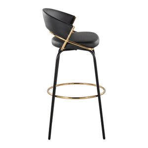 English Elm Jie Contemporary Barstool Set Of 2 With Swivel, Gold Metal Footrest & Black Faux Leather Elegance B202S00608