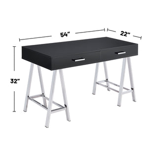 English Elm 2 Modern Writing Desk with 2 Drawers, Black High Gloss Top and Chrome Sawhorse Base for Home Office Elegance B016P311299