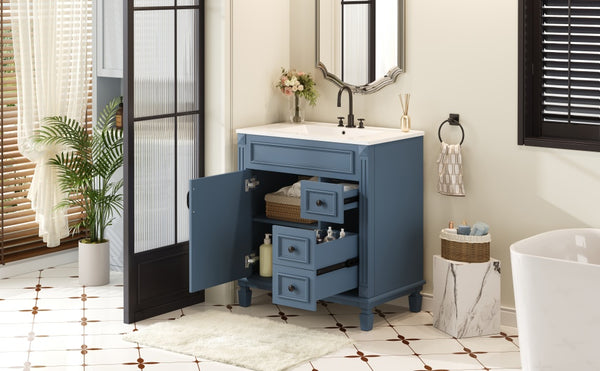 English Elm 30" French-Inspired Bathroom Vanity With Ceramic Sink, Soft-Close Drawers & Elegant Storage Solutions N710P323323C